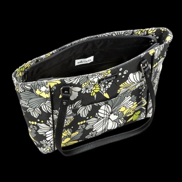 Sakroots Gray Yellow Flower Blossom Metro Tote Travel Bag Vacay Butterfly Charm - Picture 6 of 9